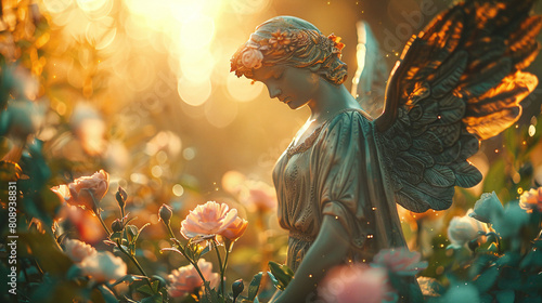 Golden Hour Sunlight on Angel Statue in Flower Garden with Soft Pink Blossoms and Green Leaves