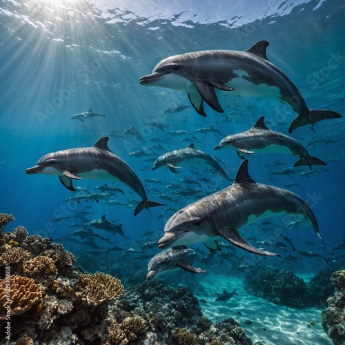 Majestic Marine Life  Capture a stunning image of a pod of dolphins gracefully swimming in crystal-clear ocean waters against a backdrop of a vibrant coral reef. 