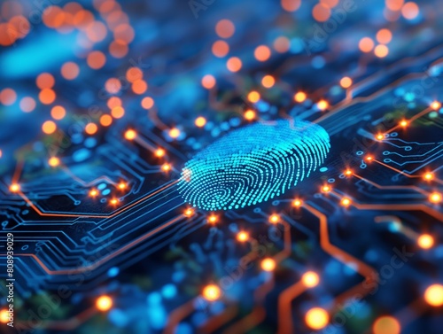 A blue and orange electronic circuit board with a fingerprint on it. Concept of technology and security, as the fingerprint is a unique identifier that can be used to access a device or system photo