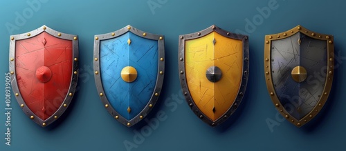 a row of shields with different colors on a blue wall photo