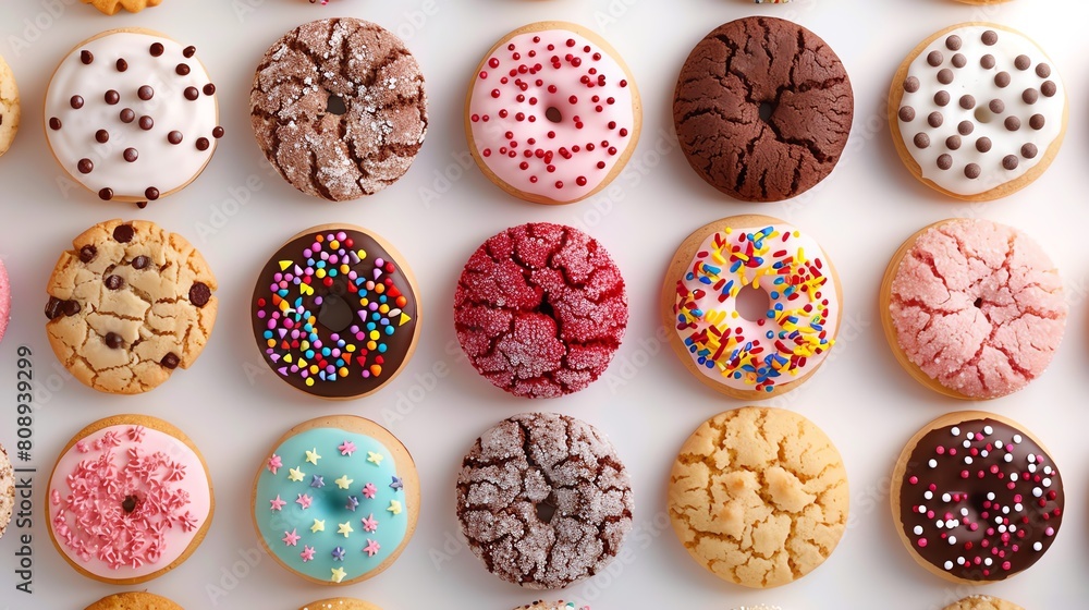 Indulge in the visual feast of a birds-eye view photograph showcasing luscious cookies Each treat a vivid burst of color against a clean Indulge in the visual feast of a birds-eye view photograph showcasing luscious cookies Each treat a vivid burst of color against a clean