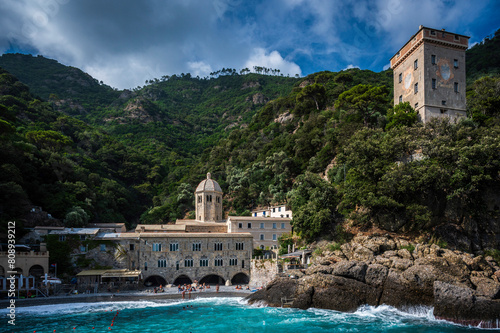 Magic of Liguria. Timeless images. Ancient abbey of San Fruttuoso, bay and historic building guarded by the FAI. Italian Environmental Fund. 