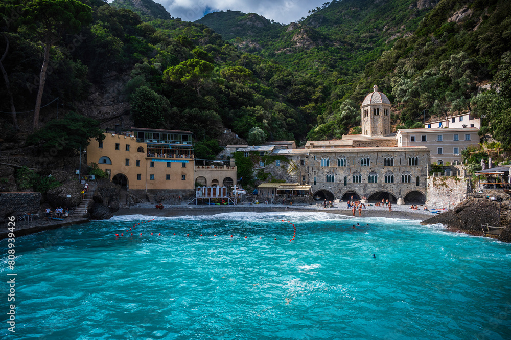 Obraz premium Magic of Liguria. Timeless images. Ancient abbey of San Fruttuoso, bay and historic building guarded by the FAI. Italian Environmental Fund. 