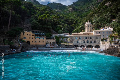 Magic of Liguria. Timeless images. Ancient abbey of San Fruttuoso  bay and historic building guarded by the FAI. Italian Environmental Fund. 