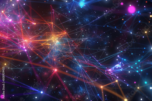 A cosmic scene of digital communication, with colorful lines weaving through space to connect nodes.
