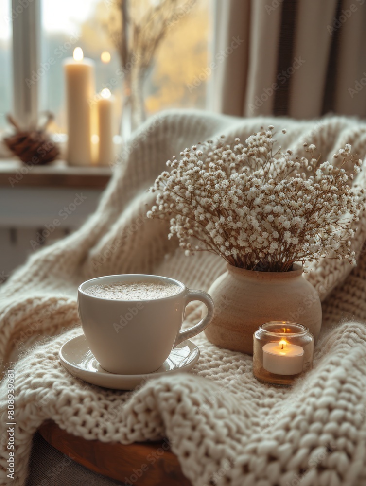 A Cozy Hygge Home wih Soft Blankets, Warm Beverages, and Candlelit Serenity