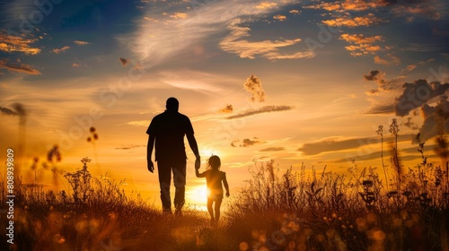silhouette father with little daughter walk at sunset. father s day background concept
