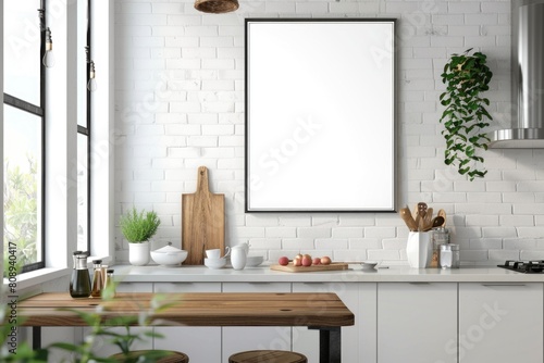 Modern Kitchen Interior with Blank Frame Mockup on Wall