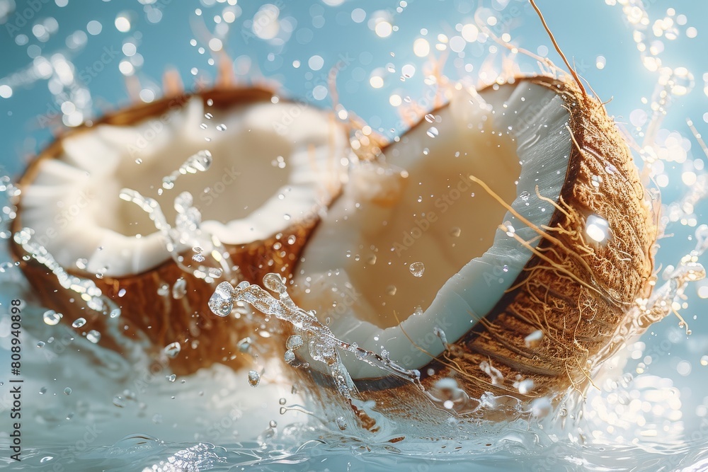 An invigorating image of intact coconuts amidst a powerful water spray, symbolizing tropical freshness and energy An invigorating image of intact coconuts amidst a powerful water spray, symbolizing tropical freshness and energy