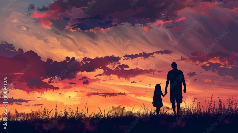 silhouette father with little daughter walk at sunset. father's day background concept silhouette father with little daughter walk at sunset. father's day background concept