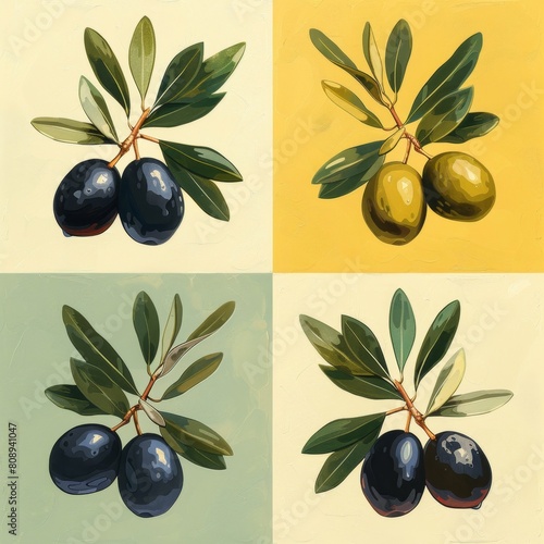 a painting of olives with leaves on a yellow background