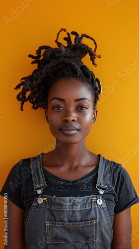 Portrait of Young Woman with Creative Hairstyle Against Vivid Orange Background Wearing Denim Dress