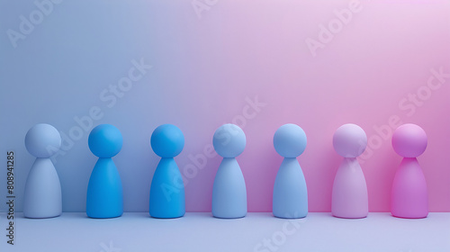 Gradient Blue and Pink Background with Seven Simple Geometric Figures Representing Teamwork and Diversity
