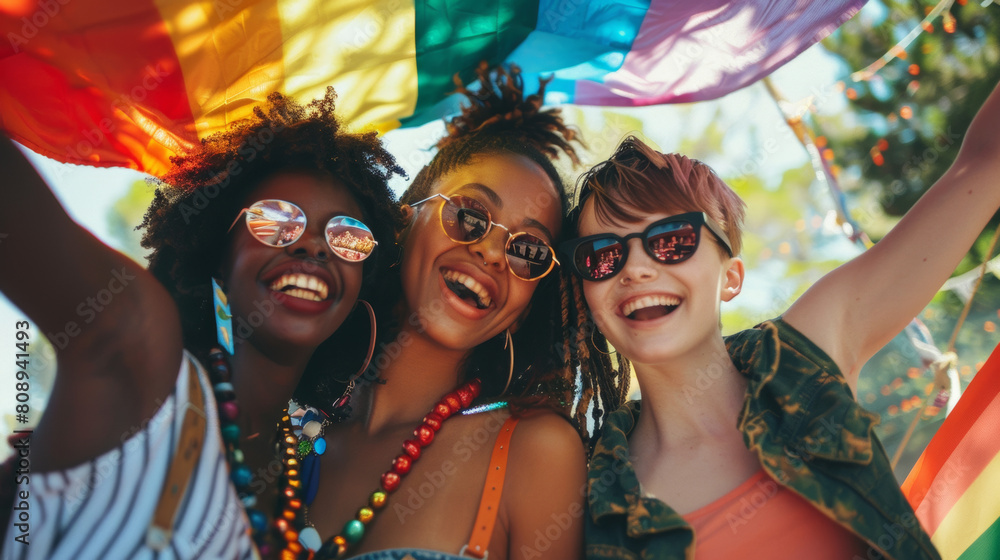 Obraz premium Diverse young friends celebrating gay pride festival - LGBTQ community concept Stock Photo photography