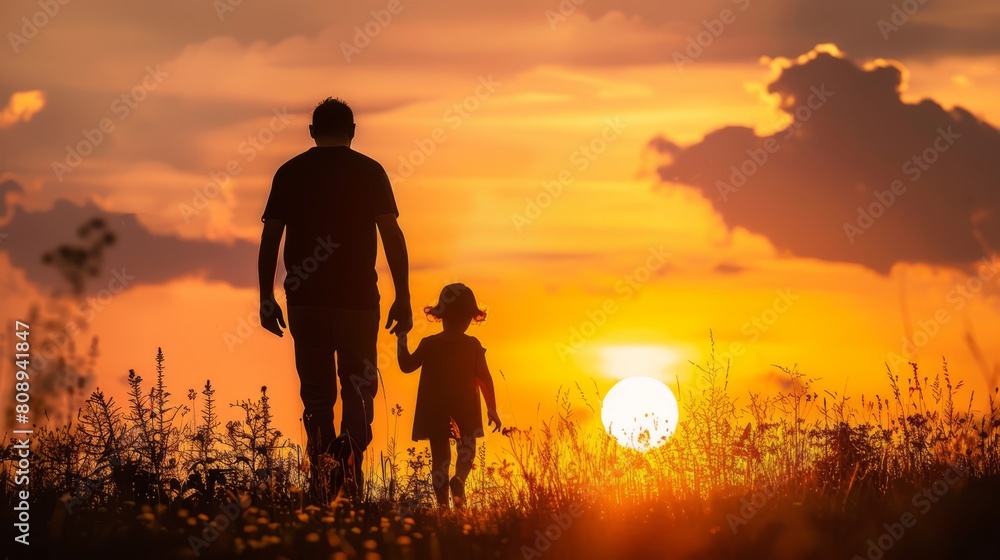 silhouette father with little daughter walk at sunset. father's day background concept silhouette father with little daughter walk at sunset. father's day background concept