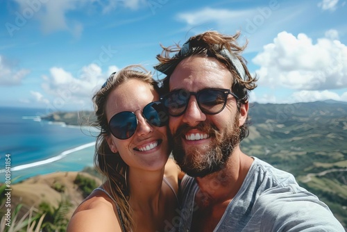 couple captures cherished memories on tropical vacation joyful selfie celebrates love and adventure travel photography © furyon