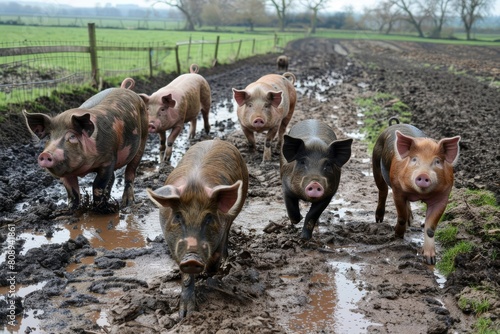 contented pigs roaming freely in farm meadow and mud animal welfare and ethical farming practices concept photo