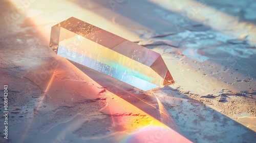 Sunlit Clear Crystal Prism Casting Rainbow on Sandy Surface at Golden Hour Light Reflections