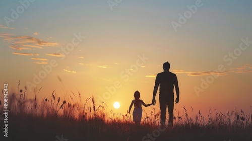 silhouette father with little daughter walk at sunset. father s day background concept