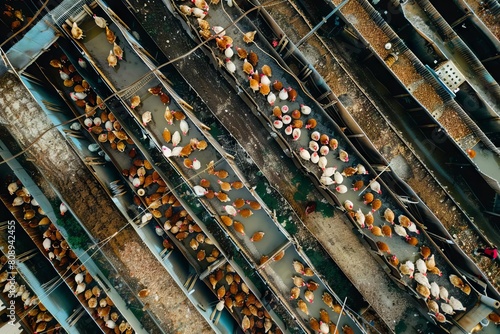 crowded battery cage chicken farm with rows of hens for egg production aerial drone photography photo
