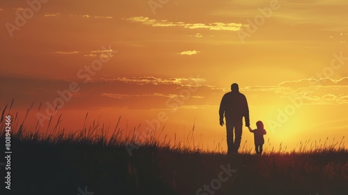 silhouette father with little daughter walk at sunset. father's day background concept © Otseira
