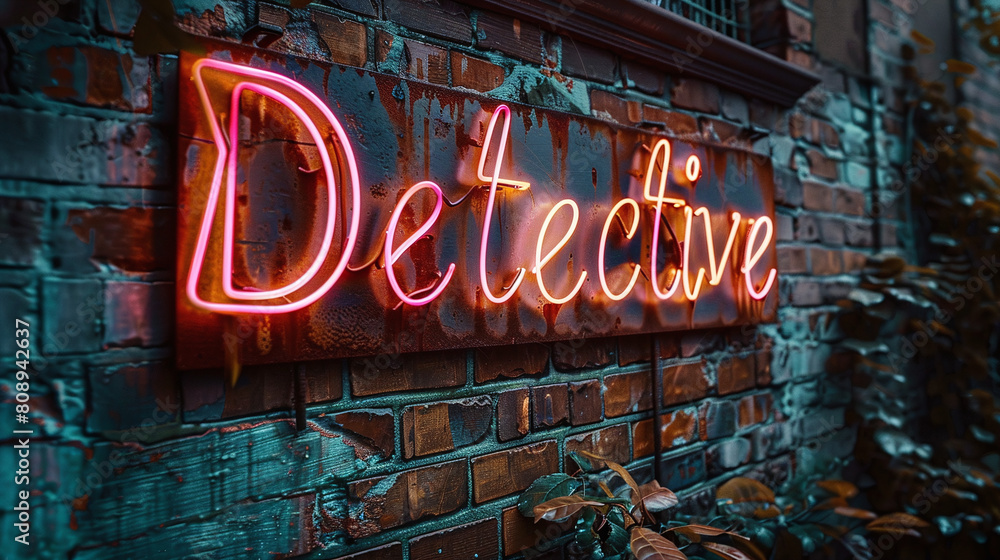 Neon Detective Sign Glowing on Wet Brick Wall at Dusk with Plant Details