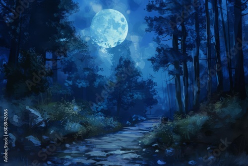 dark mysterious moonlit forest path with wooden surroundings digital painting