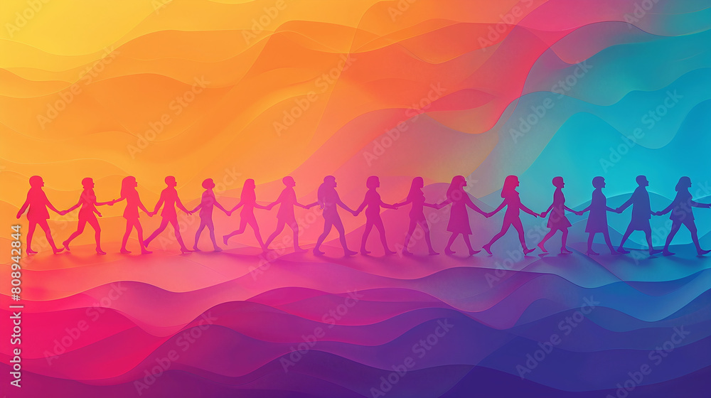 Naklejka premium Silhouette People Holding Hands Against a Gradient of Sunset Hues with Wavy Patterns