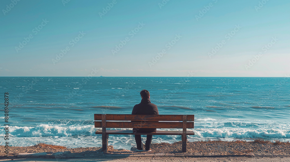 Person sitting on wooden bench facing blue sea under clear sky for peaceful solitary reflection