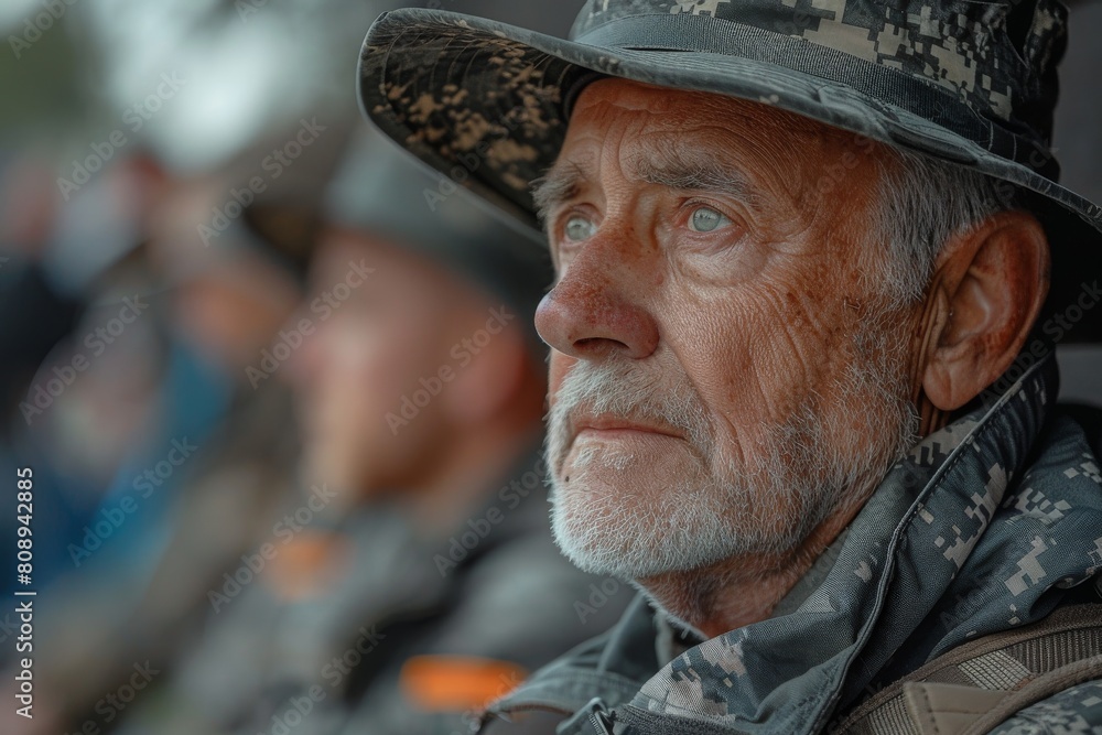 An image focused on a veteran's attire, deliberately blurring his face to maintain anonymity while showcasing military elements An image focused on a veteran's attire, deliberately blurring his face to maintain anonymity while showcasing military elements
