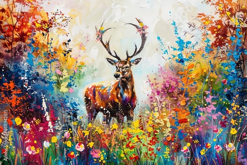 deer in flower meadow surrounded by vibrant foliage wildlife painting