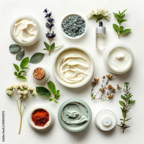 various types of creams and flowers on a white surface
