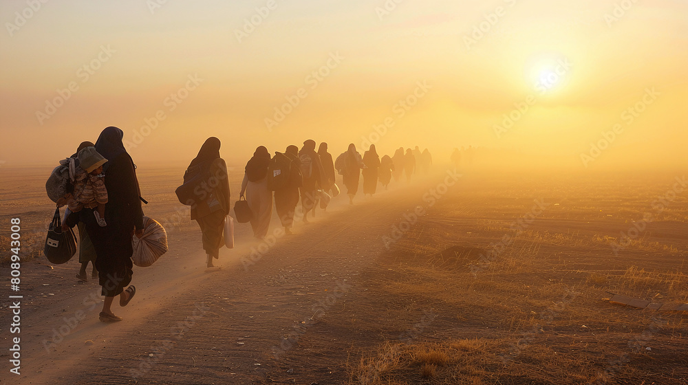 Group Walking in Dusty Sunset Light on Remote Road Carrying Belongings