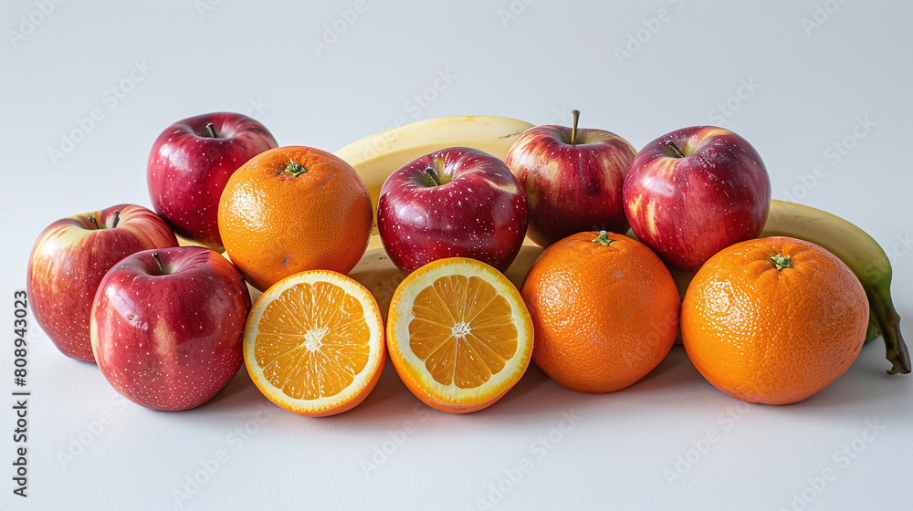 Fresh Red Apples Bananas and Cut Orange Half on White Background Healthy Diet Concept Fresh Red Apples Bananas and Cut Orange Half on White Background Healthy Diet Concept