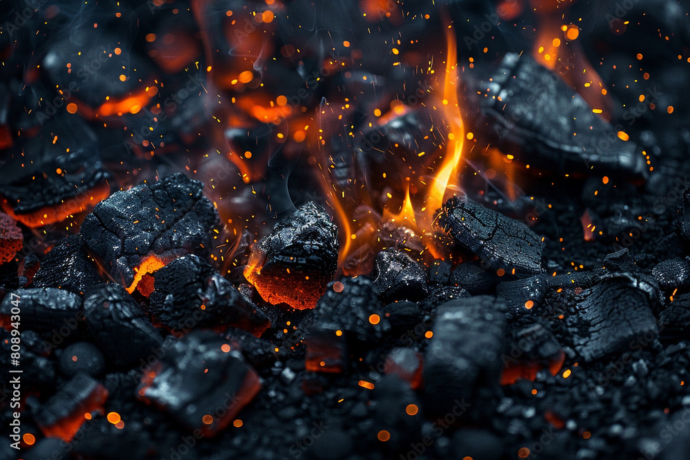 Charcoal bonfire with sparks and flames, abstract background