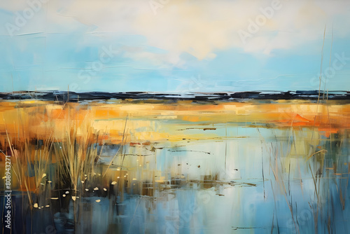 calming ocean bordering marsh. abstract landscape painting, generative ai