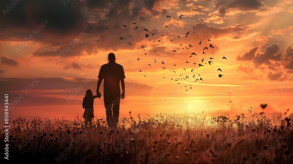 silhouette father with little daughter walk at sunset. father's day background concept silhouette father with little daughter walk at sunset. father's day background concept