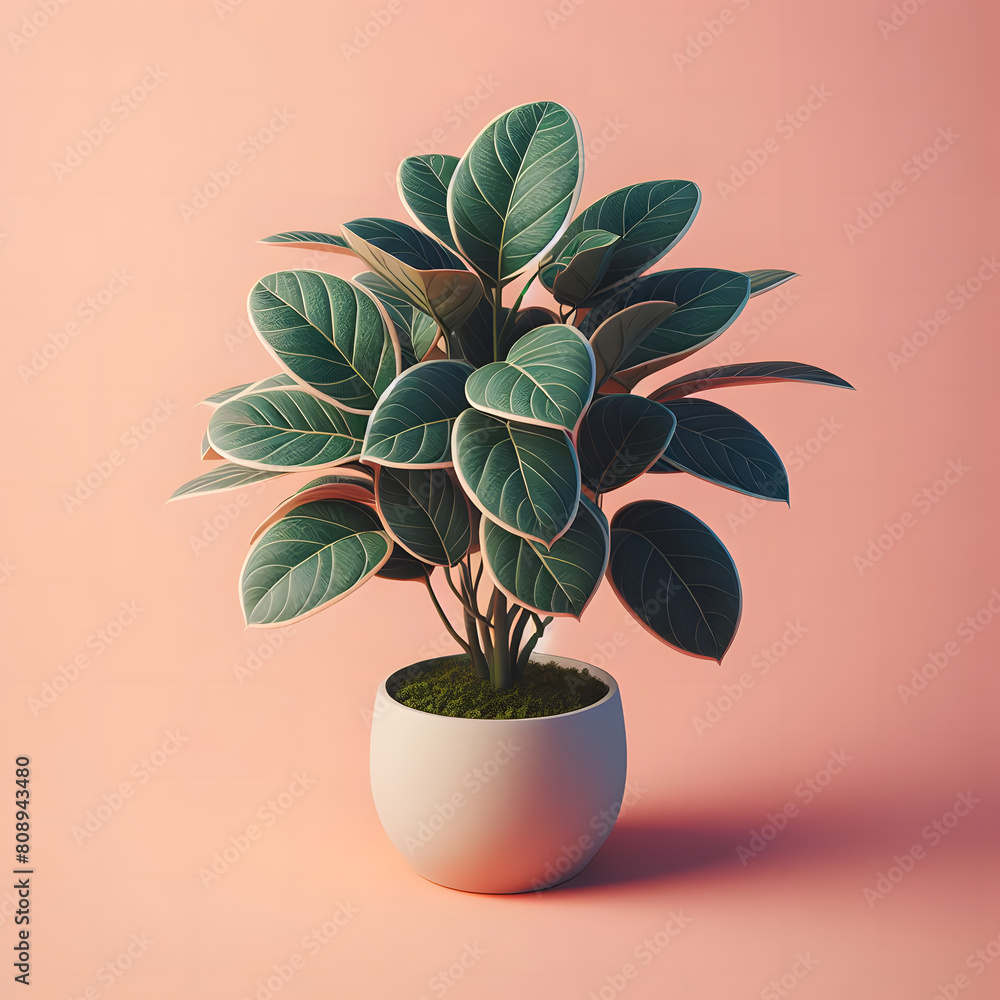 A Ficus plant in a pot, plant closeup, isolated on a pastel pink background, Copy space, fabric Wallpaper A Ficus plant in a pot, plant closeup, isolated on a pastel pink background, Copy space, fabric Wallpaper