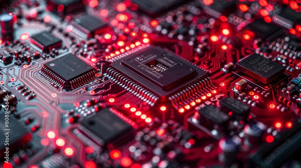 a close up of a computer motherboard with red lights a close up of a computer motherboard with red lights