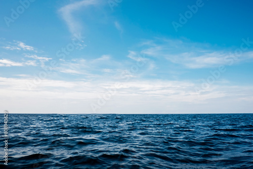 Panorama nature view blue sky with white clouds background and soft oceans waves with a deep blue color on the sea