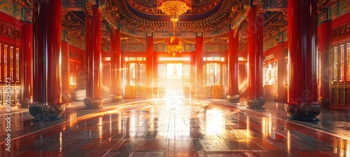 Royal Chinese palace hall interior with column. Landmark religion building architecture. Generative AI technology. 