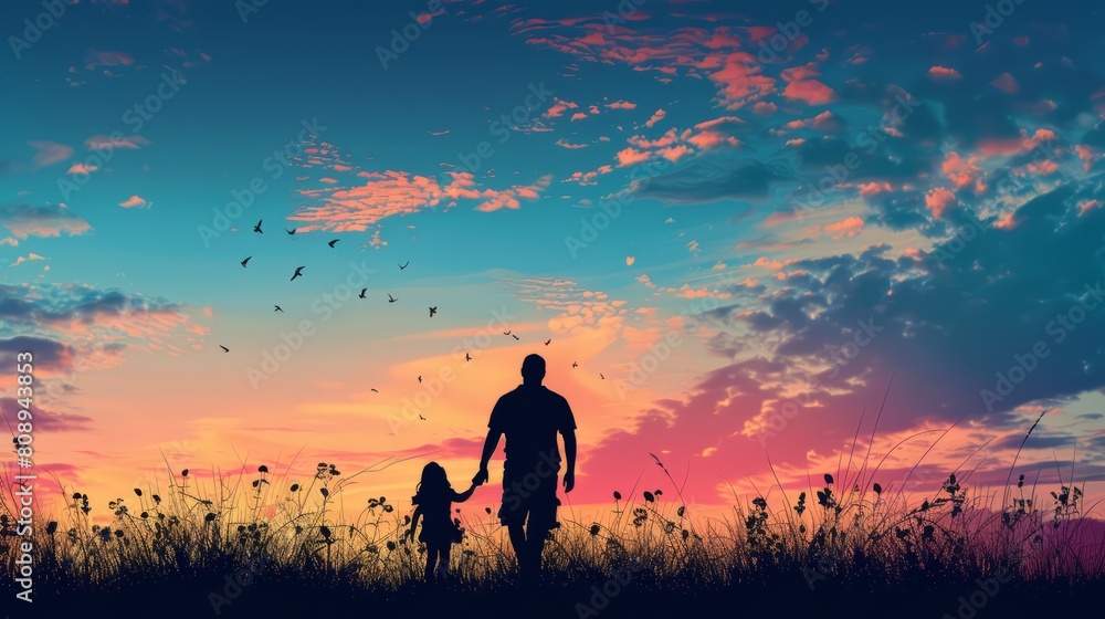 silhouette father with little daughter walk at sunset. father's day background concept