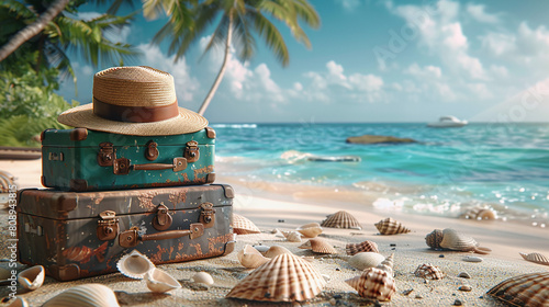 Vintage Suitcases and Straw Hat on Tropical Beach with Seashells Palm Trees and Ocean View © Kiss