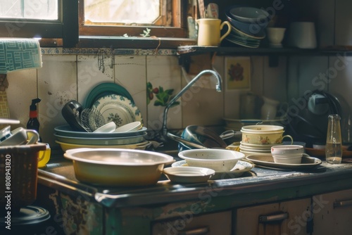 dirty dishes piled in the kitchen sink of an old house selective focus toned neglected household chores lifestyle photography photo
