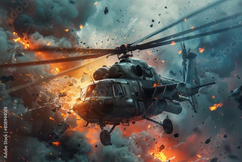 dramatic aerial view of military helicopter in flight crash intense action illustration