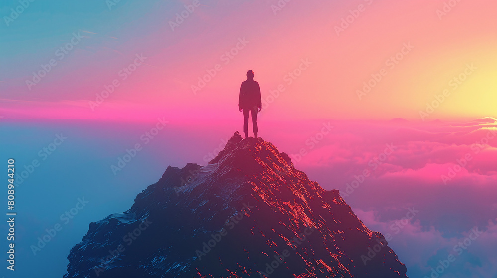 Obraz premium Silhouette of Person Standing on Mountain Peak at Sunrise with Pink and Blue Sky