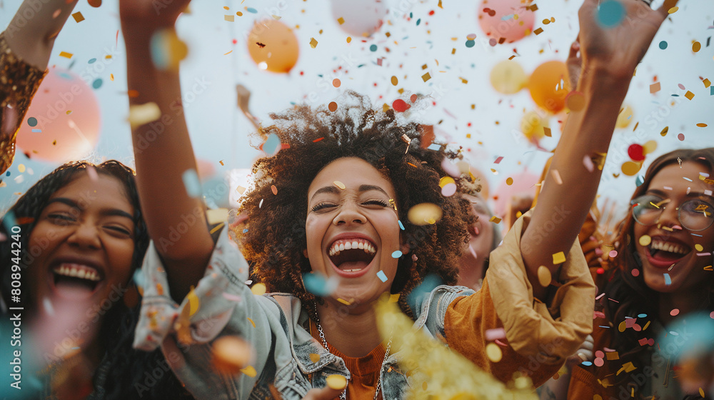 Obraz premium Joyful Women Celebrating with Confetti at Outdoor Party Clear Sky Background