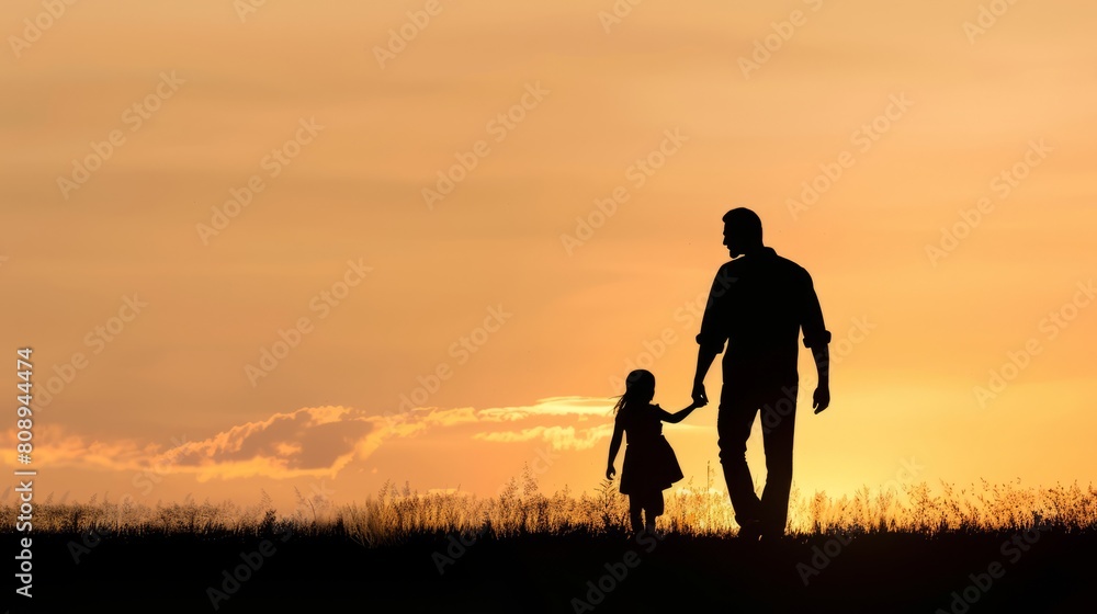 silhouette father with little daughter walk at sunset. father's day background concept