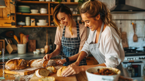 Female and female or LGBT couples are happily cooking bread together in the home kitchen. Stock Photo photography