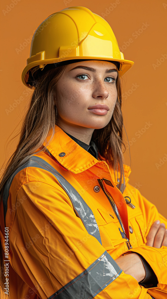Confident Young Woman in Yellow Hard Hat and Orange Safety Jacket on Orange Background Confident Young Woman in Yellow Hard Hat and Orange Safety Jacket on Orange Background